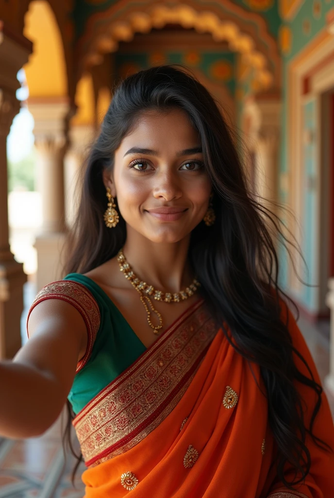 A single Indian 2 girl with long hair wearing saree in shree krishna temple and taking selfie generate a portrait image