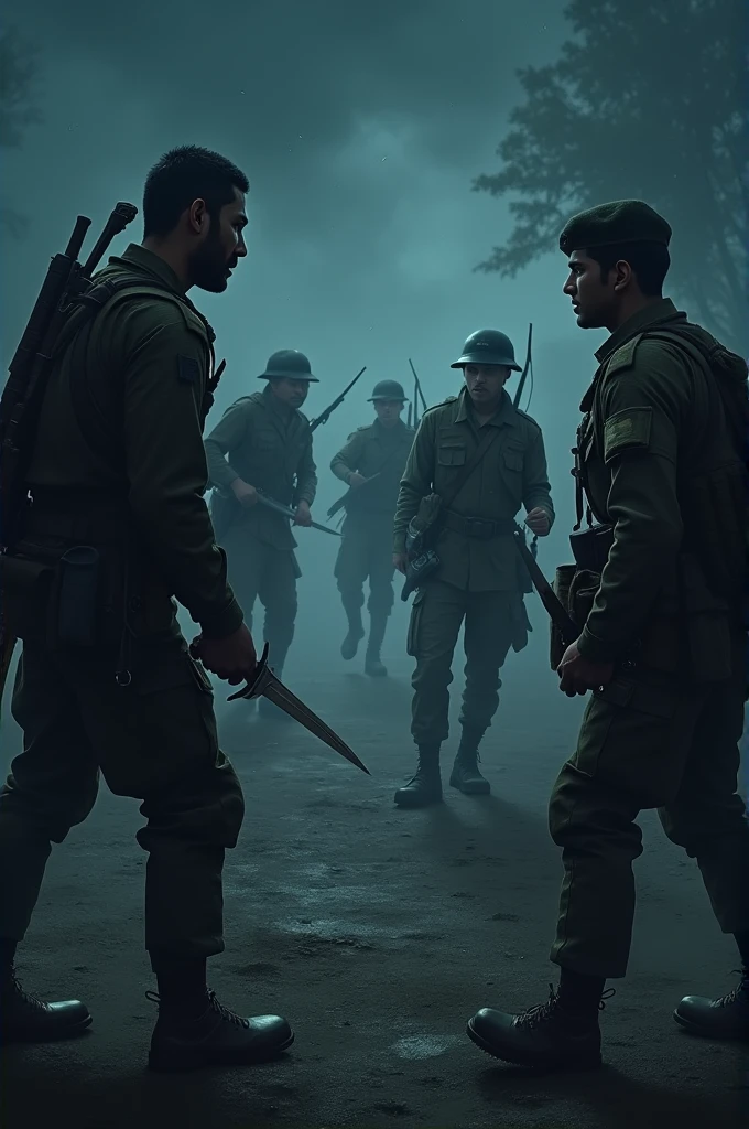 A 2 Indian soldier is night time and 3 Chinese soldiers are attacking this 2 army man with knife dark image