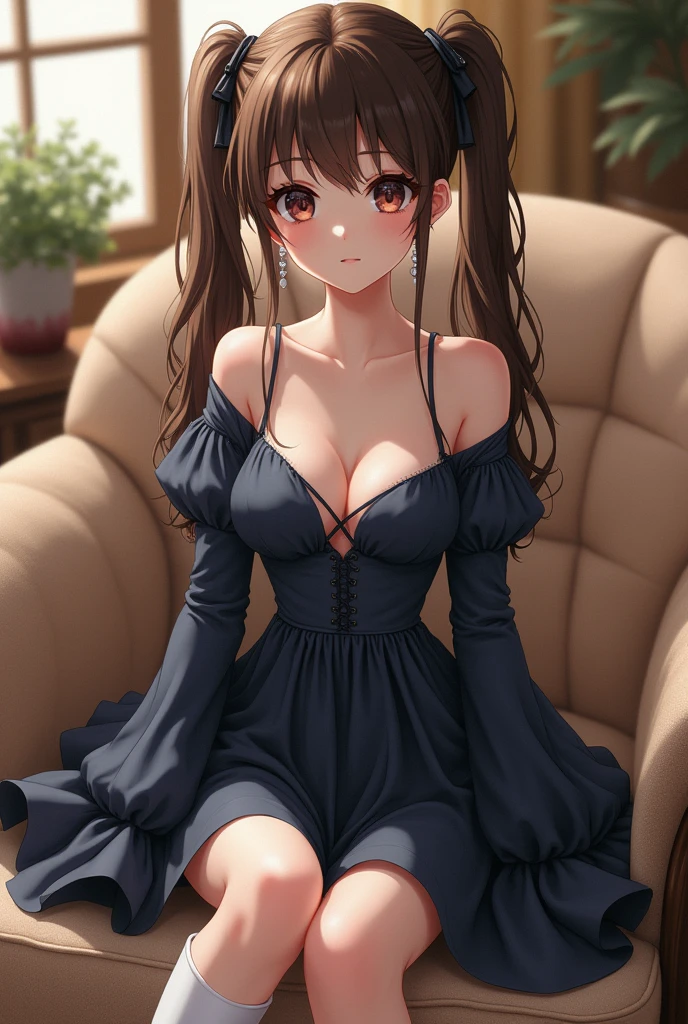 tall girl, white skin, brown hair with dual ponytails, black eyes, dark blue tent dress, dark blue bell sleeves, white boots, sitting on a couch, fanart