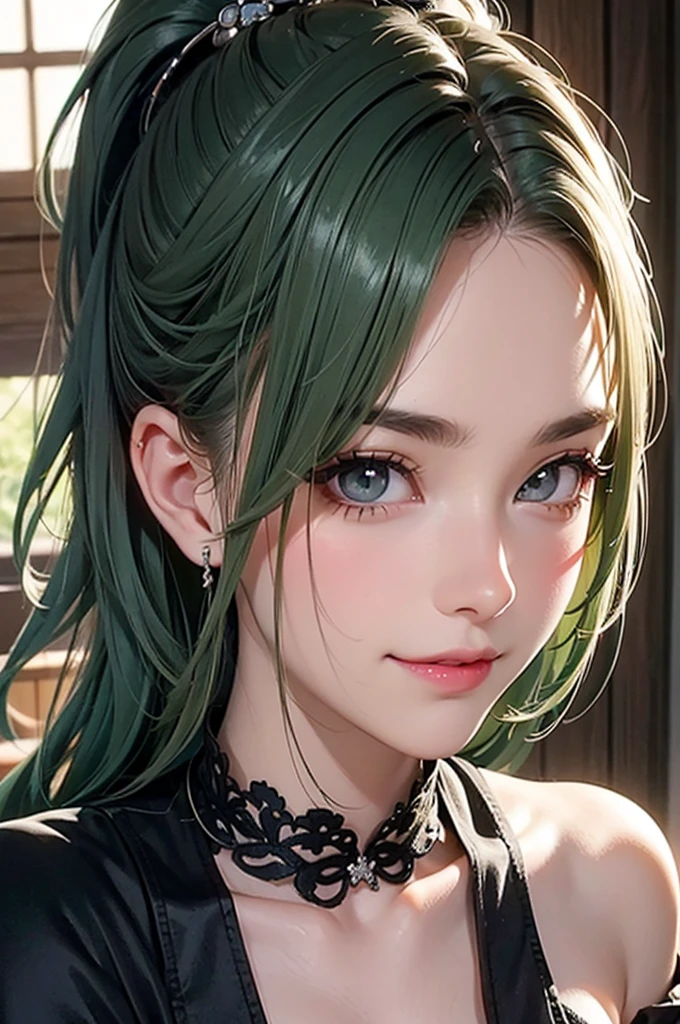 high quality, 8k, Ultra detailed, hdr, studio light, Masterpiece, 1girl, cute face, olive green hair, green hair, pony tail hair style, big beautiful grey eyes, smile, closed mouth, black dress, messy hair, dynamic pose realistic, detailed and correct facial structure, fantasy art style, girl black dress, gorgeous dress、jewely、Perfect Angle、perfect-composition