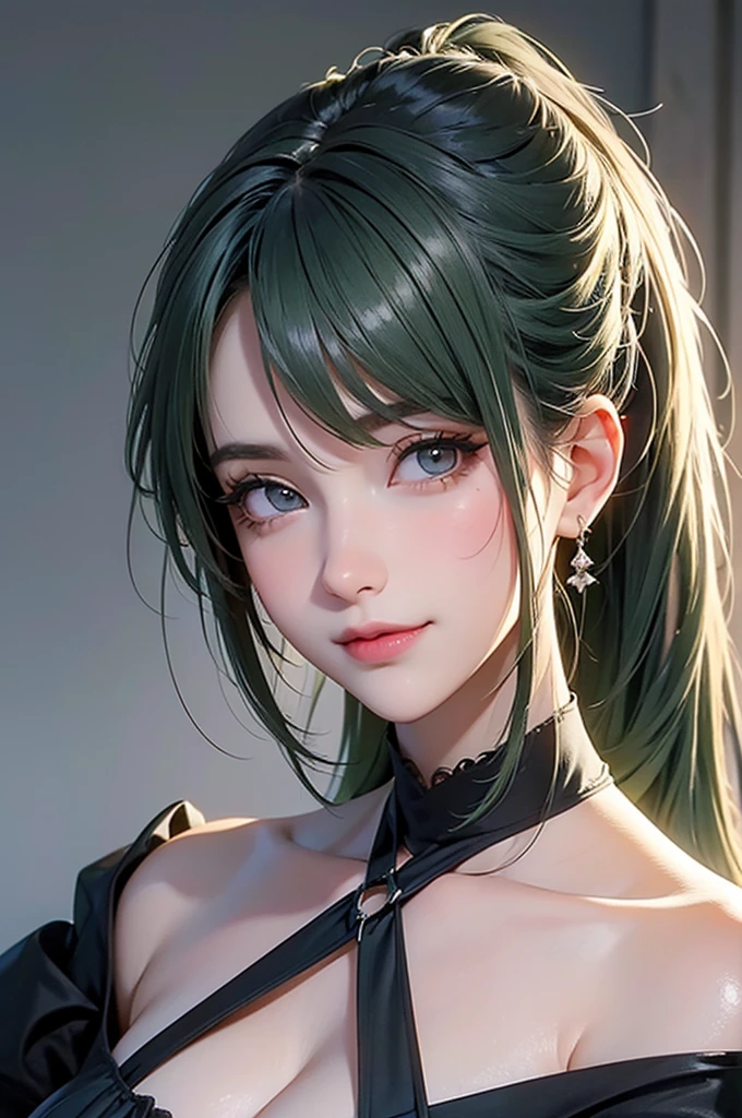 high quality, 8k, Ultra detailed, hdr, studio light, Masterpiece, 1girl, cute face, olive green hair, green hair, pony tail hair style, big beautiful grey eyes, smile, closed mouth, black dress, messy hair, dynamic pose realistic, detailed and correct facial structure, fantasy art style, girl black dress, gorgeous dress、jewely、Perfect Angle、perfect-composition