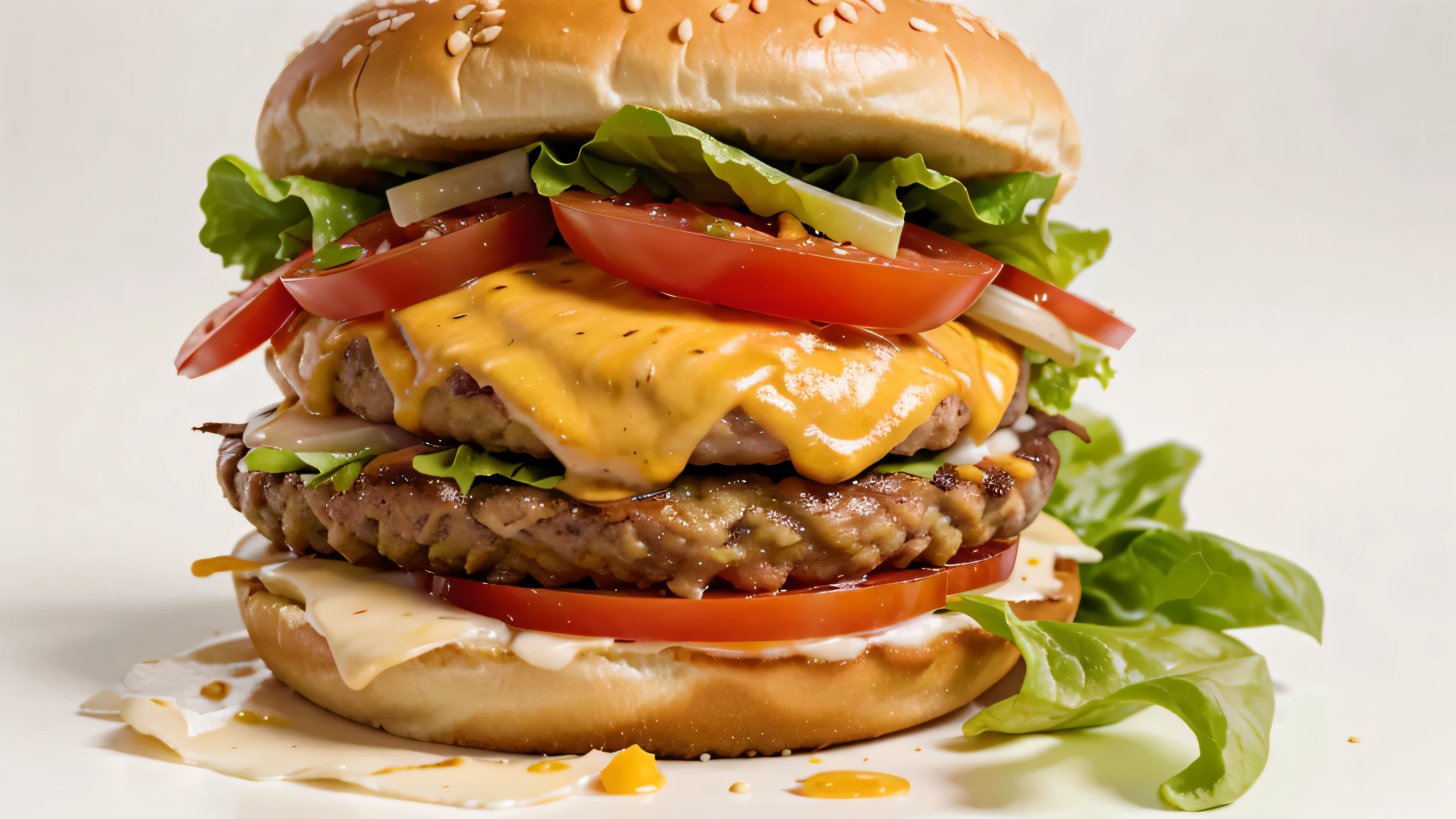 /imagine: A close-up of a juicy hamburger with lettuce, tomato, and melted cheese, perfectly arranged on a white background with sharp details. 8k --ar 16:9 --v 6.0