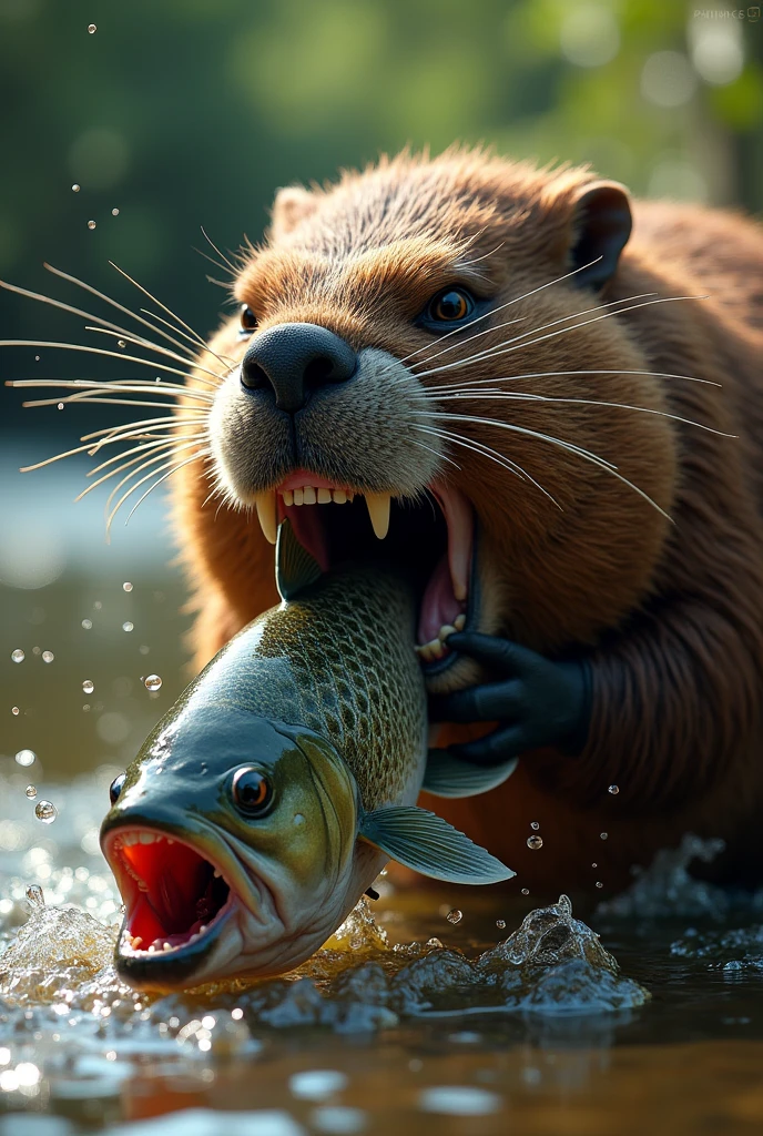 Angry beaver, in the mouth bite fish