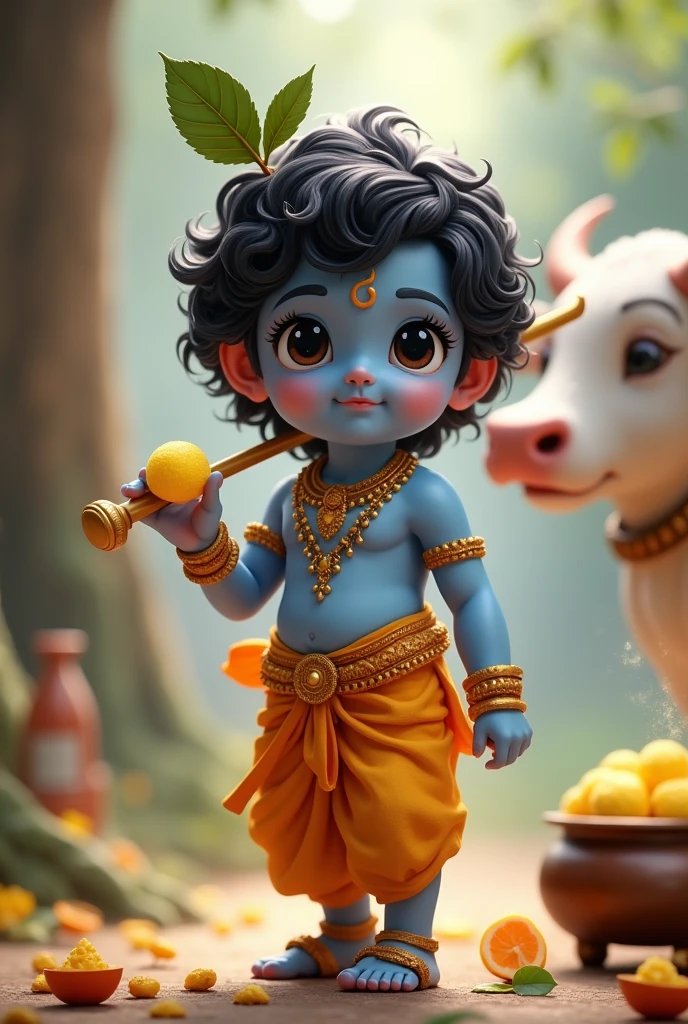 A cute image of  krishna in his blue coloured body tone holding a yellow colour Japanese mochi in his hand and his flute lying by his side and nandi cow behind him and a pot of makhan beside him
