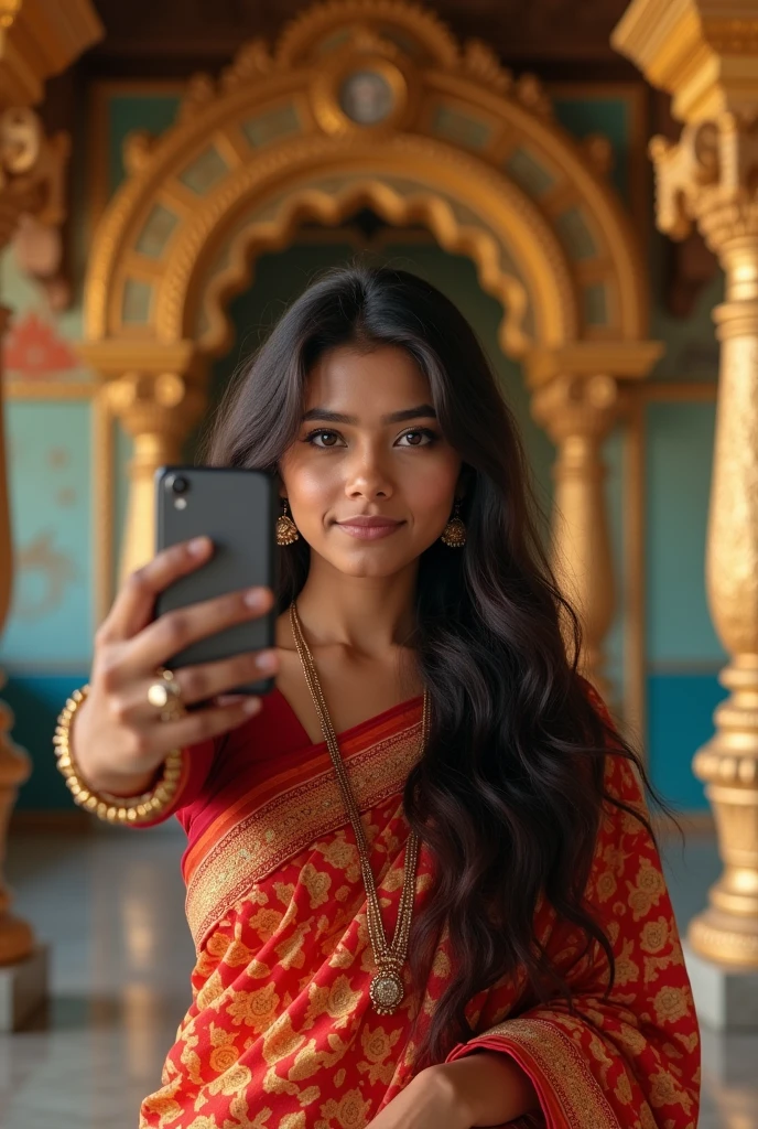 A single Indian 2 girl with long hair wearing saree in shree krishna temple and taking selfie generate a portrait image