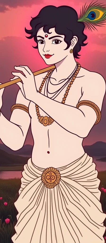 Create an AI-generated image of Lord Krishna using this photo as the base. Ensure that the image reflects Krishna’s divine characteristics such as a peacock feather, short hair, flute, and traditional attire