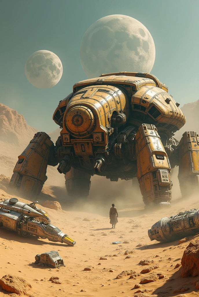 巨大な古代Sandcrawler, Detailed crashed spaceship, Detailed spaceship, movie「Dune」Sandcrawler, Abandoned Sandcrawler, flying scifi vehicle, レトロなSF Spaceship, Very detailed, Ancient crashed spaceship, SF Spaceship, Fallout Airplane Concept Art, Ancient spaceships、Two moons、Huge barrel、Exposed Machine、Heavily armed、