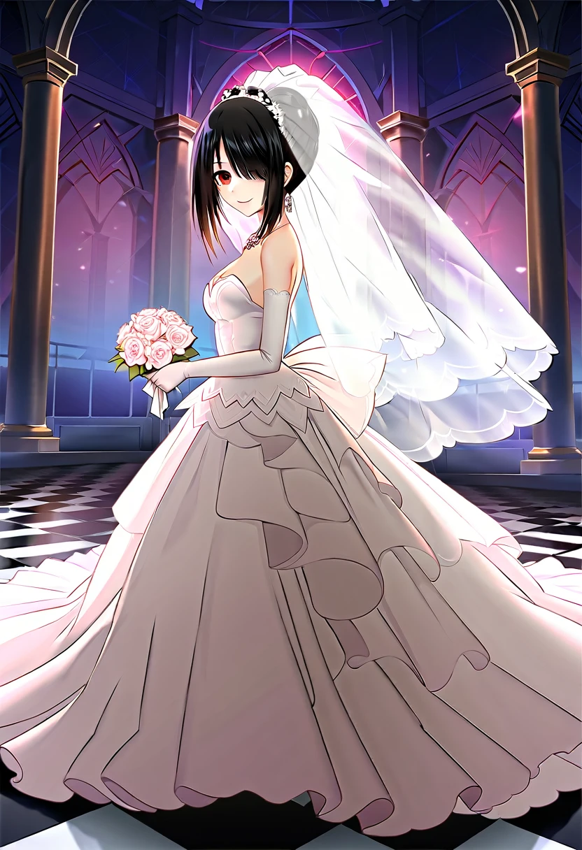 tokisaki kurumi,((masterpiece)),(((best quality))),((ultra-detailed)),((illustration)),((disheveled hair)),((frills)),(1 girl),(solo),1girl,bare shoulders,black hair,bow,bridal veil,bride,checkered,checkered floor,clothes pull,clothing,cross,dress,dress lift,dress pull,earrings,elbow gloves,female,female only,full body,garter straps,glass slipper,gloves,hair bun,hair over one eye,hand on window,headdress,head turned,high heels,jewelry,lace,lace trim,lace-trimmed legwear,lace-trimmed thighhighs,legs,lingerie,long legs,looking at viewer,necklace,open dress,open wedding dress,parted lips,red eyes,shoes,short hair,short hair with long locks,side view,smile,strapless dress,sunbeam,sunburst,sunlight,thighhighs,tied hair,veil,wedding dress,white bow,white legwear,white thighhighs,window,full body,Rating:safe,profile,from side,


