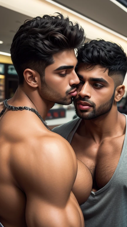 Gay couple scenes collage, Pehlwan man Indian Gurjar gay couple in casual clothes wetty tounge to tounge kissing and sucking lower lip, bitting lower lip during kissing saliva dripping from mouth with big shinning eyes big lips wide jawline beautiful hunk face spiky black hairstyle, seductive kissing in shopping mall oiled body, hot kissing, hd, hdr, D750F nikon, Cinematic