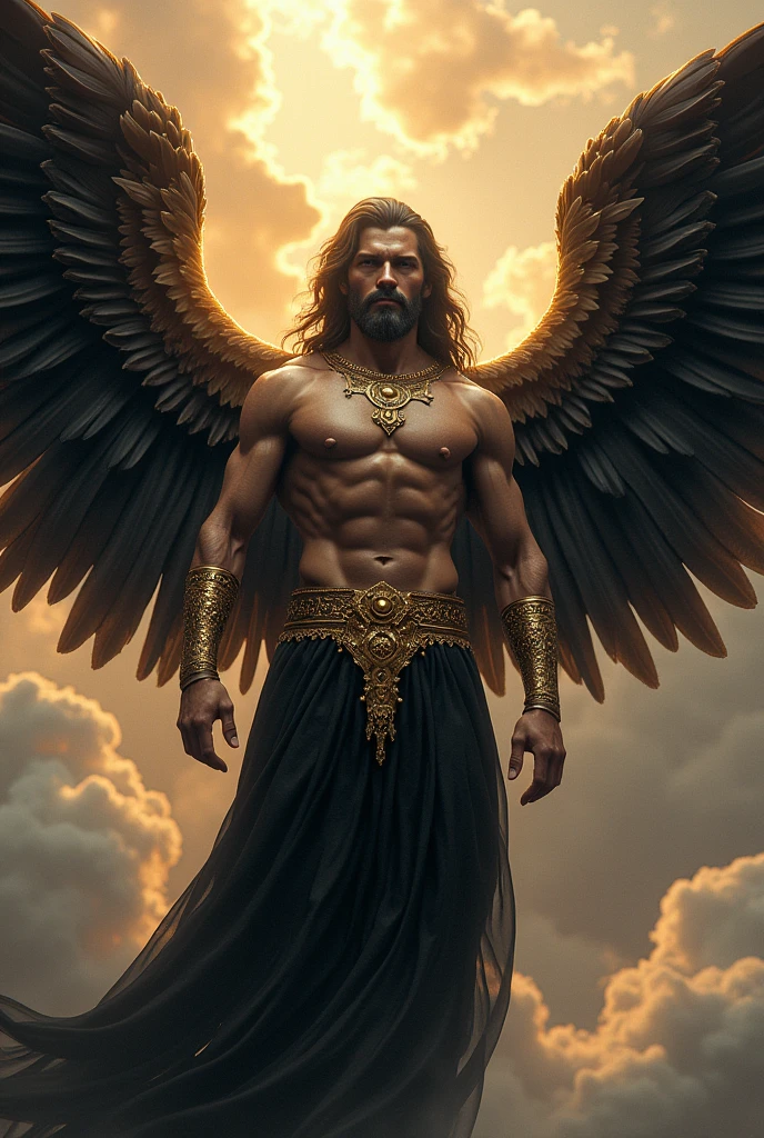 Create an image of greek god with wings in black and gold theme