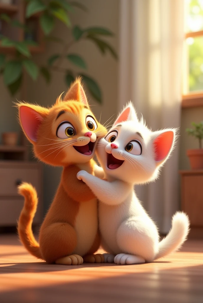 Moti brown cat band Sona white cat Happy Reunion After Sickness: Moti, now recovered, playing again with Sona, both cats looking healthy and joyful, celebrating their enduring friendship. Pixar style These images would visually capture the key emotions and stages of their friendship throughout the story. Would you like to start with one of these? 
