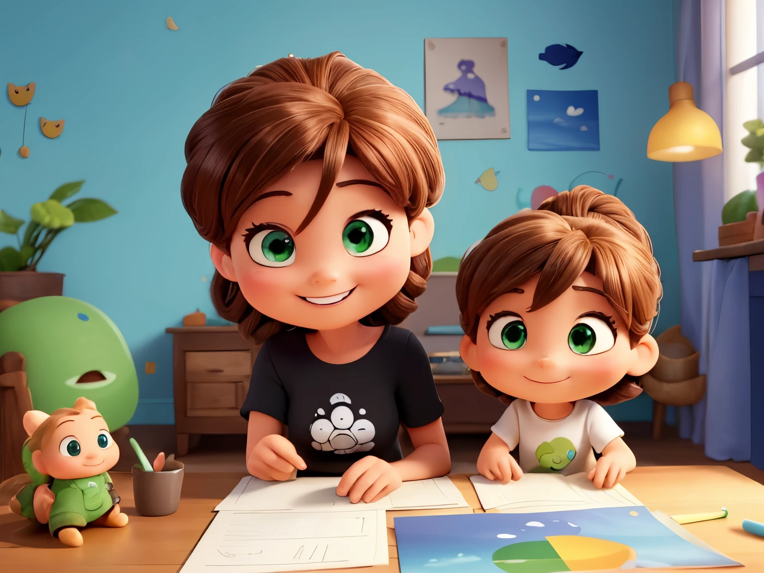 Fond de titre de film inspiré de Disney Pixar, une femme de 45 ans sans artifices et naturelle, dessin animé, couleurs vives, ombres ludiques, palette colorée, paysage fantaisiste, composition dynamique, ambiance joyeuse, Qualité cinématographique, cheveux mi longs et raides chatain avec quelques cheveux blancs en chignon, sourire, positif, maigre , bright sourire, yeux verts noisette, Petit oeil asiatique, look décontracté, rom, sourirey eye, porter un tee shirt noir,