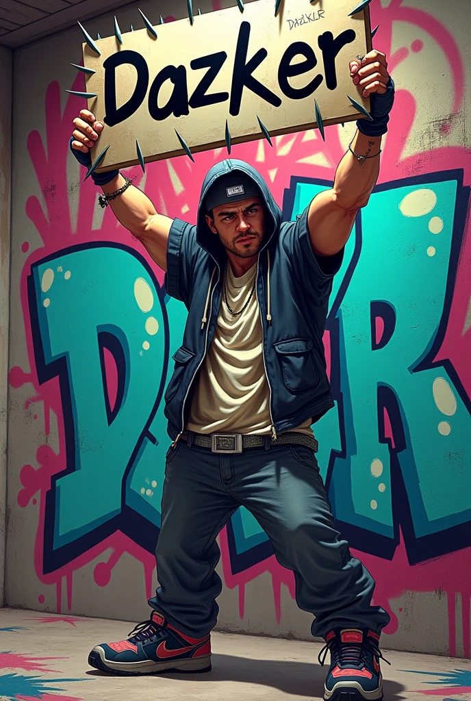 Graffiti wallpaper, crash gamer holding a spiked sign with the word DAZKER