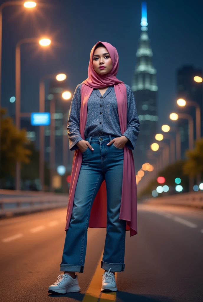 photorealism:1.2), beautiful indonesian woman, slightly fat body, standing on Kuala lumpur night road, wearing pattern blue blouse, soft pink long hijab, wore a bule jeans, sneaker shoes, bold make up, pink lipstick, real photoshoot, out doors, soft lighting, Kuala lumpur Malaysia city background, good lighting, cozy room, relaxed pose, realistic, intricate details, warm colors, HD