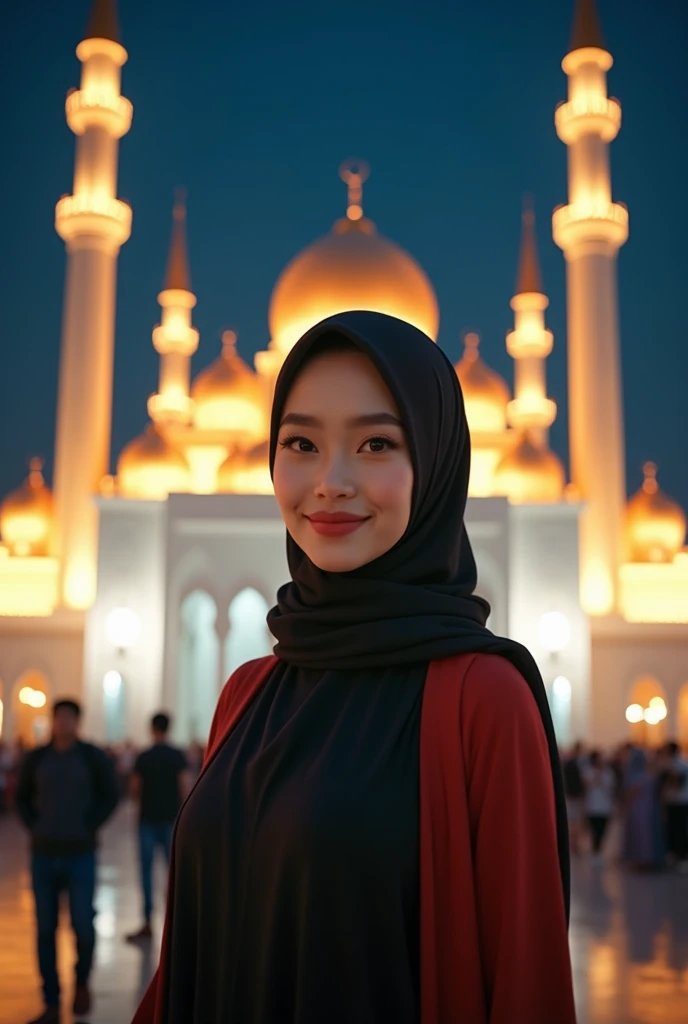 ((((8K))),((Extremely detailed CG)) ,(wallpaper),16K,((Extremely exquisite and beautiful)),(((masterpiece))),(((Best quality))),(((Ultra-high resolution))),Beautiful light,Perfect Lightning,Realistic shadows,Rembrandt Lighting,(Bright Light:1.3),(Neon lights:1.2),Movie atmosphere,(Smooth and flawless fair skin:1.5),(Pale skin:1.3),Extremely delicate facial details,(Perfect body:1.1),Extremely detailed,(Beautiful Malay Muslim:1.2),(Small head:1.2),(Small face:1.2),Exquisite makeup,(Small Breasts:1.2),(flat chest:1.2),(Slim,Thin),(Happy:1.2),(Smile:1.2),(Long legs:1.2),(bud:1.5),(High heel:1.1),outdoor,(Night view:1.5),(permanent:1.3),,(In front of the majestic mosque:1.5),(Detailed background:1.5),(Close-up of face:1.3),(From the front:1.3),(Surrounded by a crowd:1.5),(winter:1.2),Cleavage,Hijab,Chest