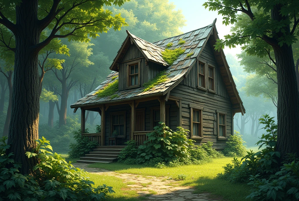 On an old wooden house in a dense forest