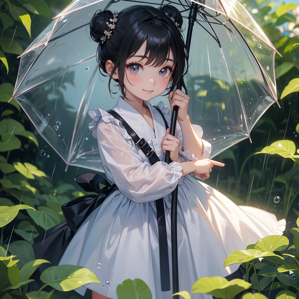 A chibi child girl had a small face and wearing a little tourist priest’s outfit, a pair of big round eyes shone with curiosity about him. This child was so cute, her hair is black with buns on her hair. Small chibi , chibi baby, smiling , chibi.
Stand holding an umbrella to protect from the rain. Rain fell and splashed around. There are water droplets falling on the leaves in the surrounding area, green and moist, the atmosphere after rain.