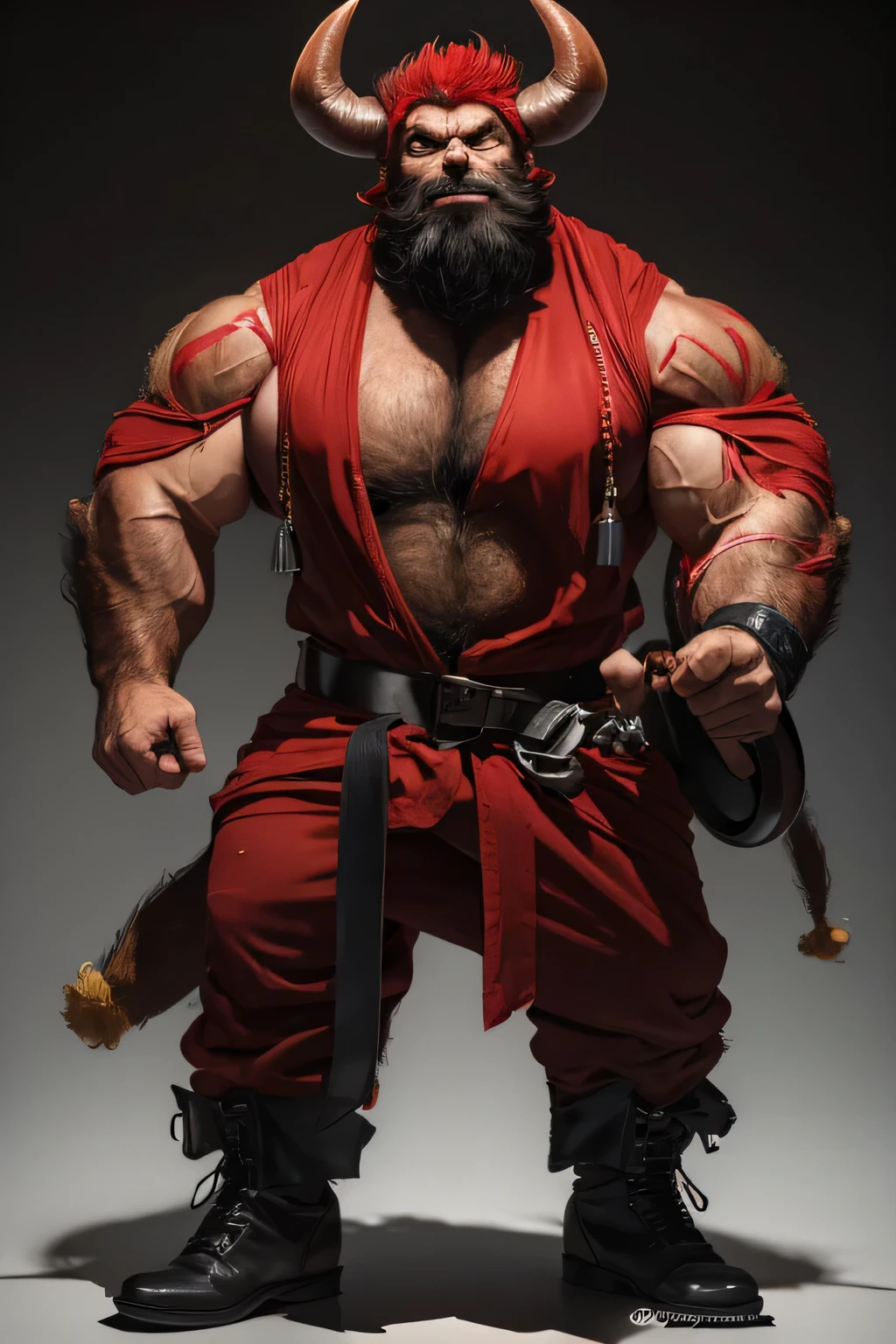 Old demon,big muscle,full body red colour,beard,hairy muscle