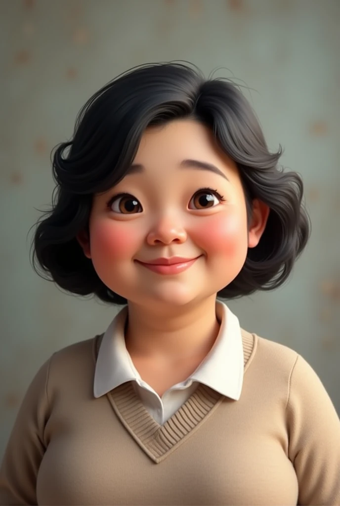 Mid age teacher, chin length semi wavy black hair, semi chinky eyes, chubby cheeks, chubby body