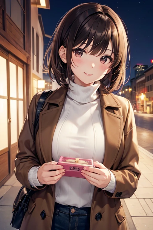 anegasaki nene、Shiny brown hair, short hair, (Beautiful brown eyes、Sparkling eyes, Fine grain)、smile、Ultra-detailed eyes、Highly detailed face, Highly detailed eyes,Cowboy Shot、


nsfw、
masterpiece、High resolution、High resolution、High resolution、1 female、Very close、
(Depiction of only the upper body)、short hair、優しいsmile、Pink Lip Gloss
、((Wear a heavy brown coat over a white turtleneck sweater))、Night in the city、it&#39;s snowing