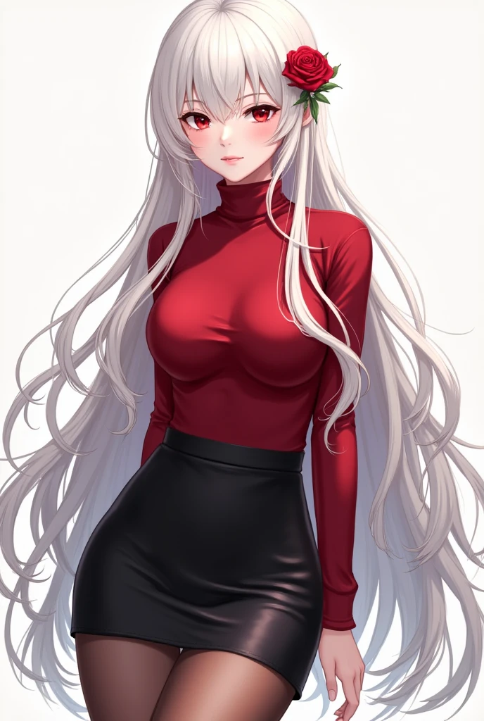 Anime woman with long white hair and red eyes. Wearing a red turtleneck sweater tucked into a black skirt, and sheer stockings with high heels. She has some of her hair pinned back and a rose as decoration in her hair.