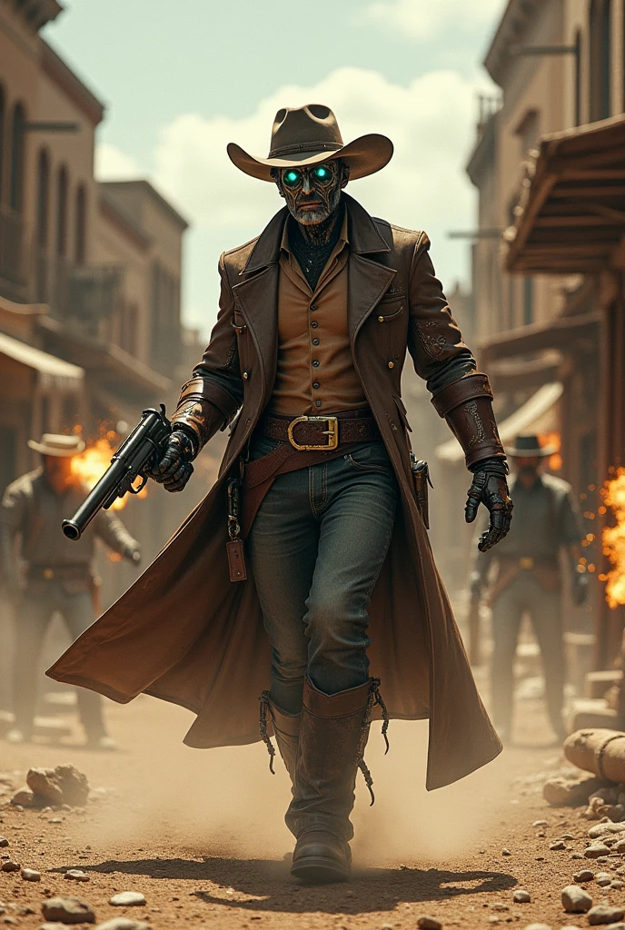 A four armed cowboy cyborg (lit eyes, cowboy hat, leather duster, guns, obviously mechanical. cowboy boots), gun battle middle of a ghost town, shootout with bandits , epic shootout, lots of gunfire, 'Jack Tombstone III' written in clear letters across the top of screen