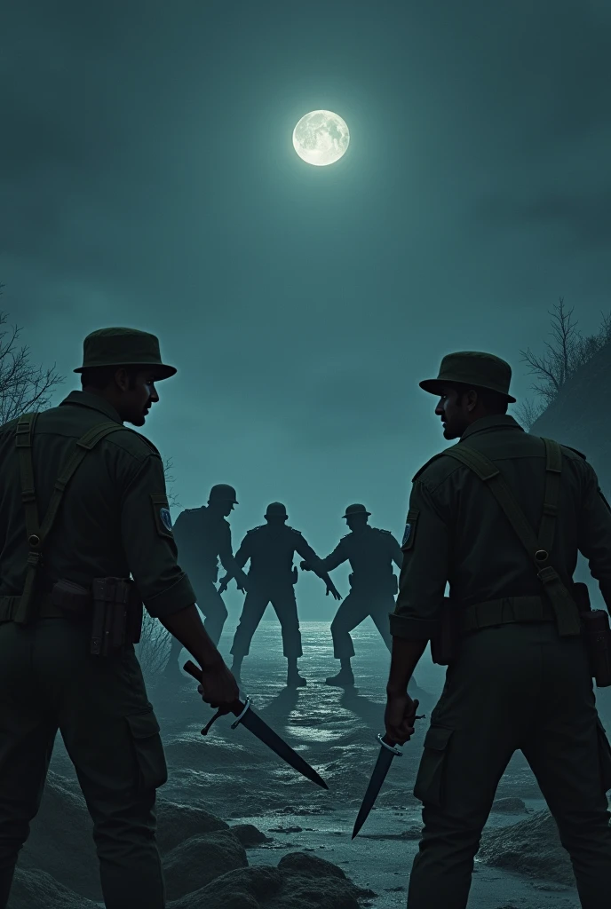 A 2 Indian soldier is night time and 3 Chinese soldiers are attacking this 2 army man with knife dark image