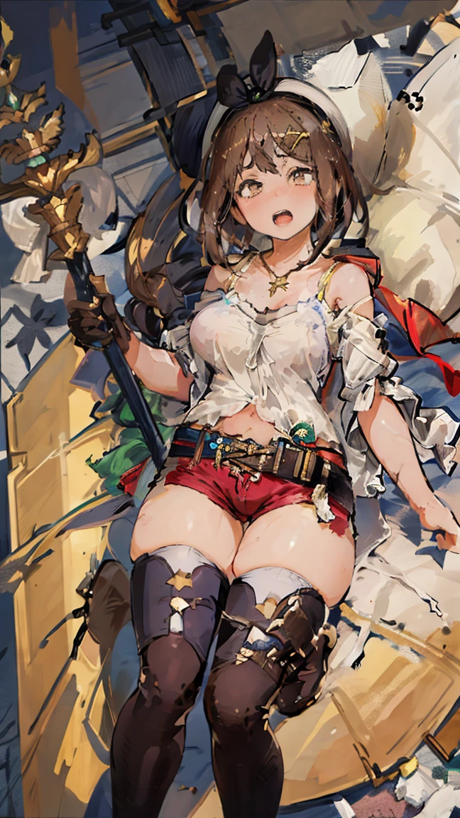 (Highest quality, 8K, masterpiece :1.3),Lizaリン・シュタウト(Lizaのアトリエ),Liza, One woman,Large Breasts,short hair,Brown Hair,hair band,Clothing,hat,White shirt,White camisole,Red shorts,Brown long boots,Full Nelson,Leg spread,nsfw,Plump body,Thighs