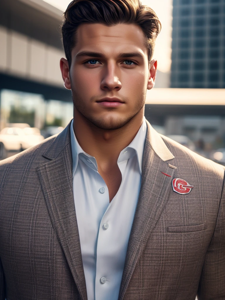 close up photo of Nick Bosa , parking lot, shirt, pants, suit, work clothes, looking at viewer, cinematic lighting, detailed face, detailed eyes, masterpiece, high resolution, perfect face,