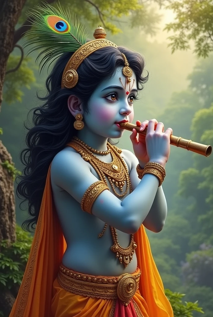 ভগবান শ্রীকৃষ্ণ তার মাথায় ময়ূর এর পাক থাকে হাতে বাঁশি থাকে তিনি মনের সুখে বাঁশি বাজায় উনার সর্বব্রহ্মাণ্ডের ভগবান তিনি
