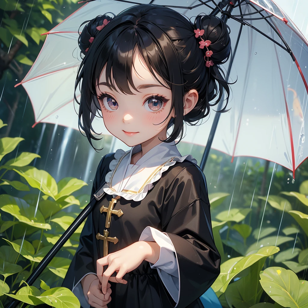A chibi child girl had a small face and wearing a little tourist priest’s outfit, a pair of big round eyes shone with curiosity about him. This child was so cute, her hair is black with buns on her hair. Small chibi , chibi baby, smiling , chibi.
Stand holding an umbrella to protect from the rain. Rain fell and splashed around. There are water droplets falling on the leaves in the surrounding area, green and moist, the atmosphere after rain.