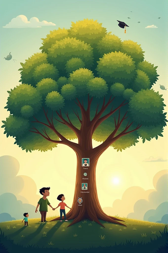 Imagery: Picture a large, robust tree with different branches representing various life stages. The base shows a small seedling, gradually growing into a young sapling, then a mature tree with a full canopy. Along the trunk, there are subtle symbols or icons (like graduation caps, family photos, or career tools) (make the icons visible and clear like stages of human growth in success) indicating different milestones.
Setting: The scene is set in a serene environment with the sun rising in the background, symbolizing new beginnings, and gentle clouds representing challenges and support. (Landscape)