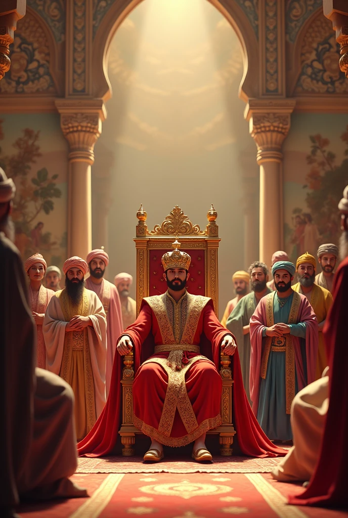 in 3d ,The Rajput Court of Ajmer: A grand scene of the court of Ajmer with young Prithviraj seated on the throne, surrounded by nobles and ministers, ready to rule his kingdom.
