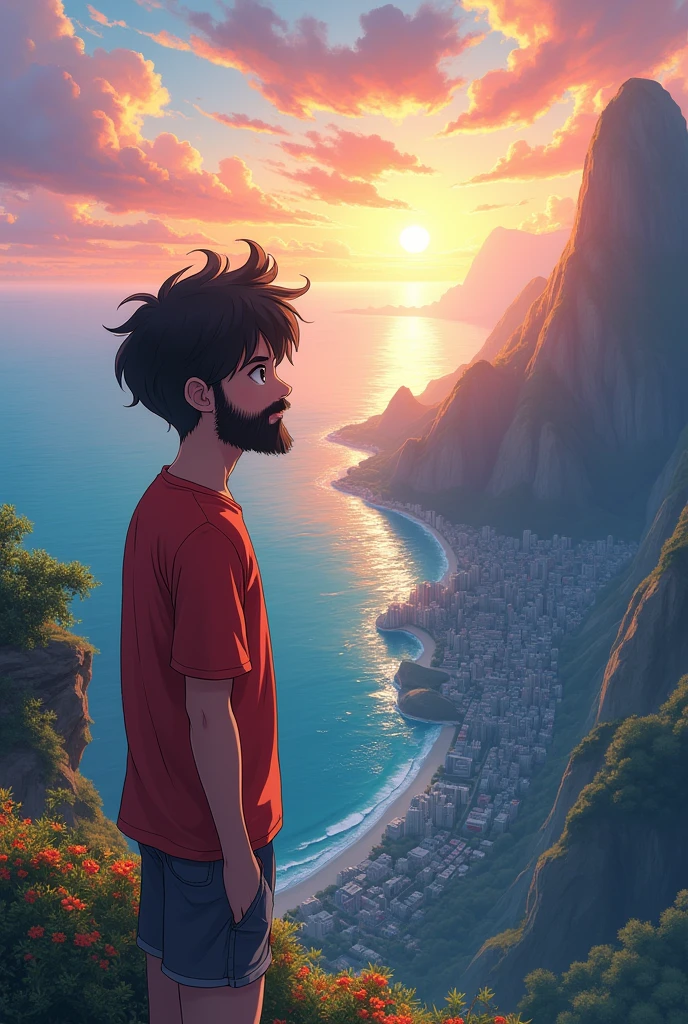 Generate a picture that a boy around 18 year is standing on a mountain view where he can see a beautiful city and beside it there should be a sea view also with sun rising And the boy should look like anime character type like he should have a great beard and wiring one color T shirt looking at the view and the Picture should show the side of the boy and at the top corner of the picture there should be a title named life is not boring but you can make it grateful