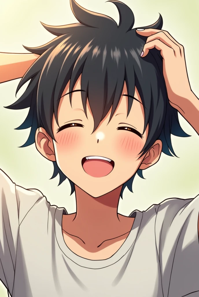 2
Anime guy scratching the back of his head with his eyes closed while smiling and one of his canine teeth sticking out