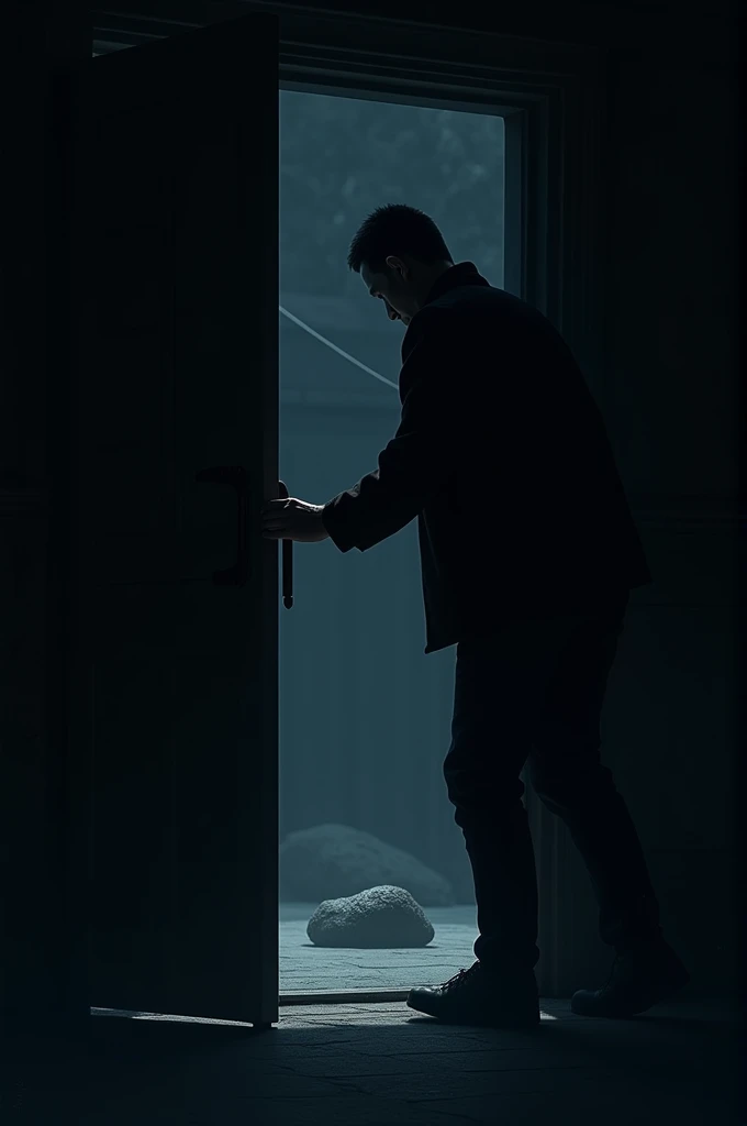 At night A man opening a door not widely
He is trying to pick something
Outside the door there is a lump