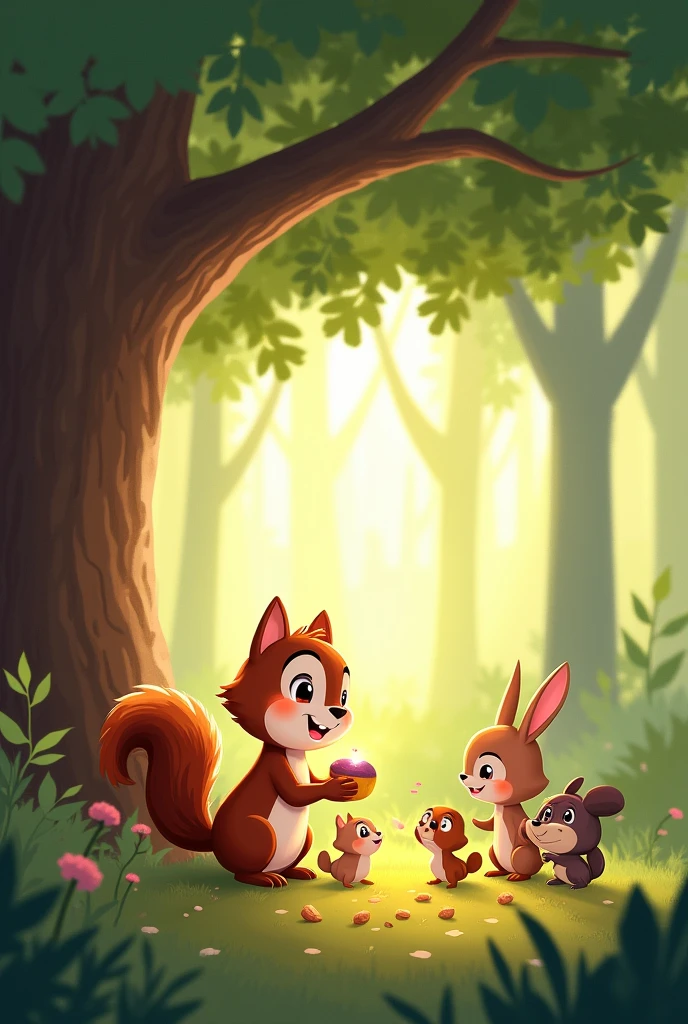 In a cozy forest, a little squirrel named Nutty found a shiny acorn. Excited, Nutty decided to hide it in the safest spot. But every time he dug a hole, a curious bunny, bird, or chipmunk would come by and watch. Nutty realized that sharing the acorn would bring more joy than hiding it. So, he gathered all his friends, cracked the acorn open, and they all had a delicious feast, laughing together under the big oak tree. Nutty learned that sharing made the forest feel like home.