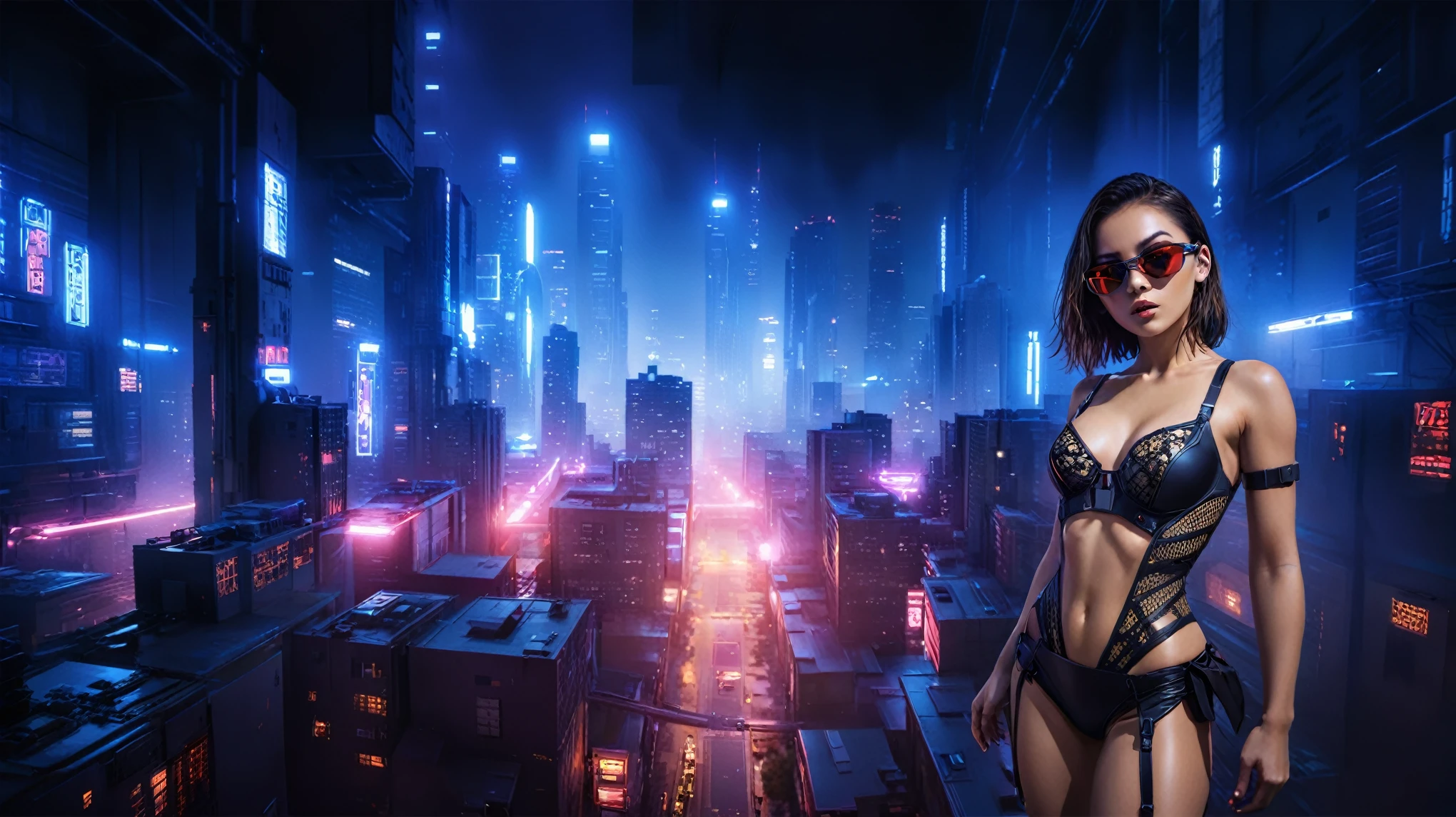 (High view). There's a cyborg woman (8k) wearing a futuristic leotard (best quality) standing in a cyberpunk city alley at night, darksynth aesthetic, red neons, haze, 1drone, foggy night, ultra detailed, photorealistic. At night, (1girl, solo, alone), photorealistic, medium-breast slim:0.6 body, oval:0.5 face, cleavage:1.1, sexy black laced bra, miniskirt, white laced panty, coat, (black micro sunglasses), (holding a short gun), (slightly leaning forward running pose), ((half-body thigh level medium shot)), cinematic lighting, ray tracing, motion blurred background.