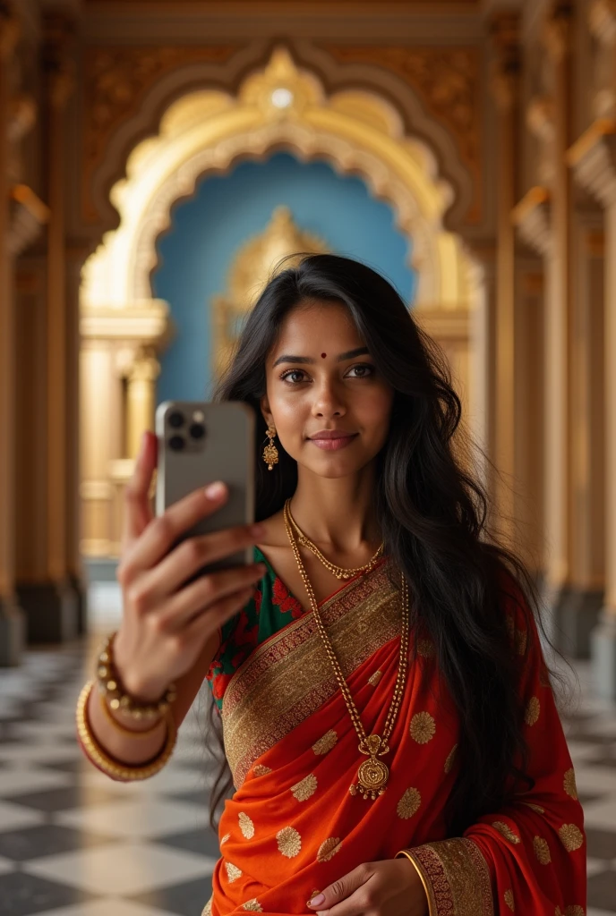 A single Indian 2 girl with long hair wearing saree in shree krishna temple and taking selfie generate a portrait image