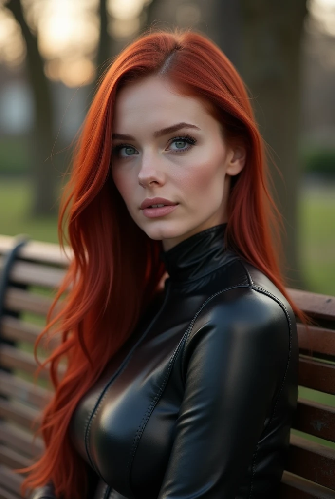 Full lenght, dark red hair, narrow face, grey eyes, girl, 1, slim figure, almond-shaped eyes, button nose, full lips, european appearance, ultra highly intricate detailed, black eyeliner, leather bodysuite, over knee boots, looking at the camera, professional photography, ultra sharp focus, very beautiful,sitting on bench in park