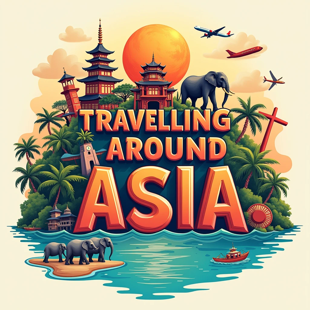 Design a picture with the text 'Travelling around Asia' as the central focus. The background should be a vibrant and colorful depiction of Asia, featuring landmarks like pagodas, elephants, and tropical beaches. Use a bold, adventurous font for the name, ensuring it stands out clearly. Surround the text with subtle travel-themed icons such as a compass, airplane, and passport stamps. The overall design should evoke a sense of exploration and wonder, making the name 'Travelling around Asia' the focal point