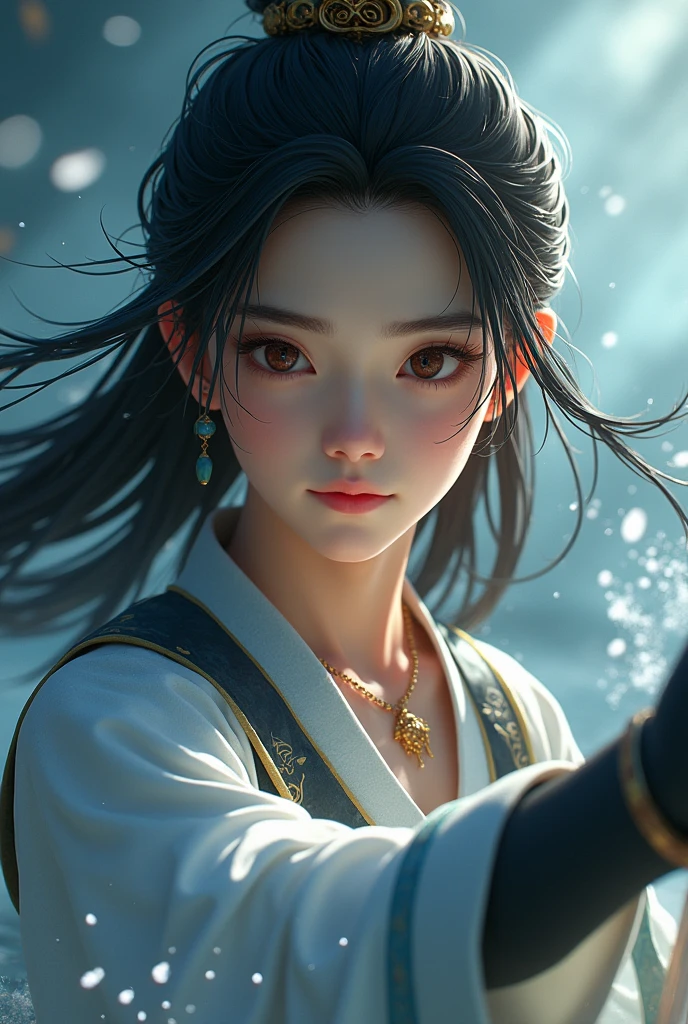 (A teenager wields a Chinese sword),Gentle gaze, With an antique feel, surrounded by ink,surrounded by wind, current, Clear face, The eyes are clear and bright, high detal, Movie Lighting, motionblur, Ray traching, reflective light, (Close-up cleavage), tmasterpiece, Best quality at best, high high quality, Anatomically correct, ctextured skin, high detal, super detailing, 1080P, hyper HD, k hd,A boy with,Black hair, ePurple eyes, Ancient man, swordsman, Long black hair,, clavicle, Wear a necklace,Traditional Hanfu, Gorgeous costumes, Xianxia, Fantastical, gentleness, Dragon Totem, Glowing skin, rainwater, water dripping, black coat,Pure desire,Young person,The light is very gentle,ssmile