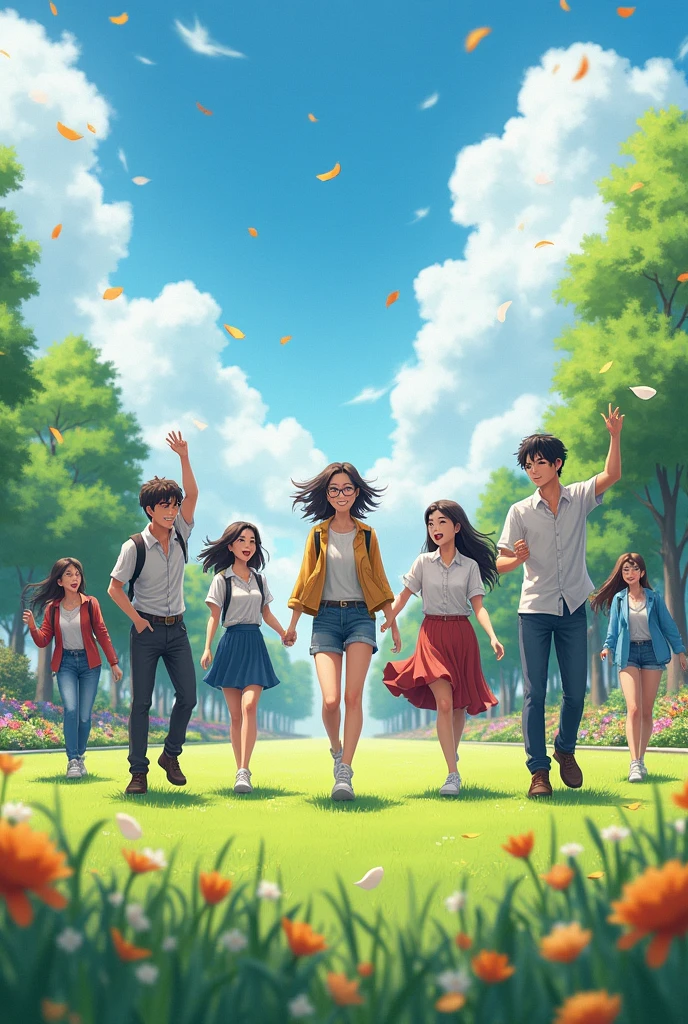 College boy and girls students enjoying in there College fild college dress flower
