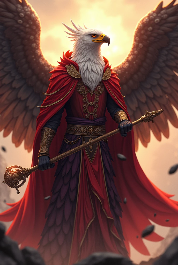 Hero，Wearing Mage robe ，Red Hawk，Eagle feathers，robe，magestaff，, Anthropomorphic Mage Eagle，Anime Concept Art，Red Hawk法师, ((Top quality))、((masterpiece))、((Extremely detailed))，（High sharpness，Extremely detailed），masterpiece, High Detail, (high resolution, Extremely detailed), Movie Lighting, Motion Blur, Ray Tracing, reflected light, masterpiece, best quality, high quality, Anatomically correct, Textured Skin, High Details, Super Detail