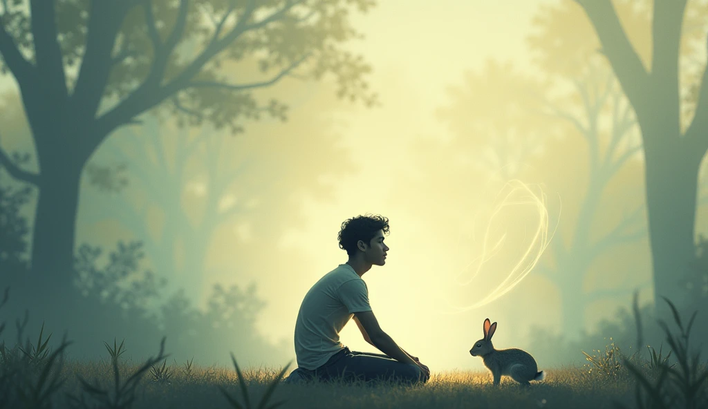 Depict a serene moment when Rahul closes his eyes, following the rabbit’s advice. His surroundings start to fade, and a swirl of light or mist begins to form around him, symbolizing the transition back to reality.