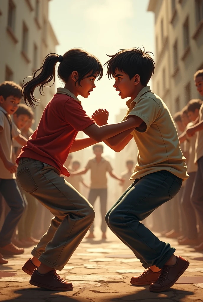 A wrestling
fight between 2 Indian girls at school . In Pants. With anger in face. In school classroom. Other students cheering them