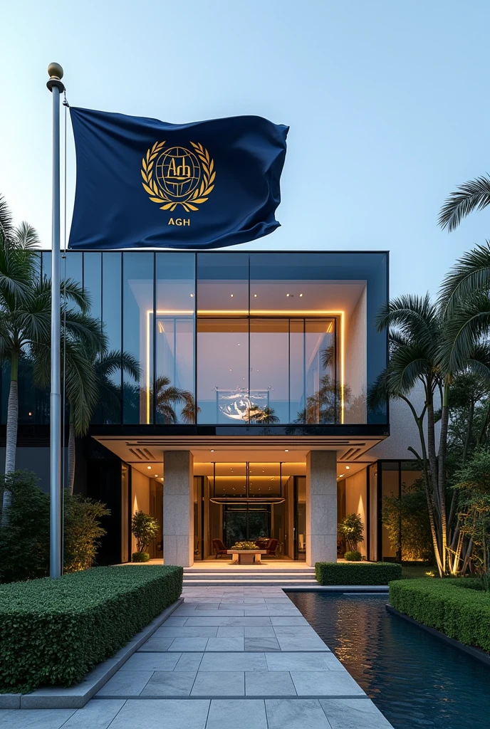 Building The image showcases a modern building with distinct Singaporean architectural elements. The building features sleek glass facades, clean lines, and an elegant, minimalist design that reflects a blend of modernity and traditional Southeast Asian influences. The structure rises several stories high, with a curved roof inspired by the traditional "Minangkabau" style, slightly flaring at the edges.

At the top of the building, prominently displayed is a large sign that reads "APEX GLOBAL HOLDINGS EMBASSY" in bold, metallic letters, illuminated subtly for a sophisticated look. The lettering is centered above the main entrance, which is framed by two large, polished stone pillars.

The building is surrounded by a lush, well-manicured compound, featuring a variety of tropical plants, palm trees, and a koi pond that reflects the building's modern yet organic design. A wide, stone pathway leads to the entrance, bordered by low, neatly trimmed hedges.

Flag Description:

A flagpole stands to the right of the main entrance, positioned near the koi pond. The flag of Apex Global Holdings is flying atop it, featuring a deep navy blue background with a golden emblem at the center. The emblem is a globe encircled by olive branches, symbolizing peace and global reach, with the letters "AGH" elegantly inscribed at the bottom of the globe in a bold, modern font. The flag waves gently in the breeze, adding a sense of dignity and prestige to the setting.

The entire scene is set against a clear blue sky, with the building’s glass facade reflecting the natural surroundings, enhancing the serene and prestigious ambiance of the compound.The flag should be of normal size







