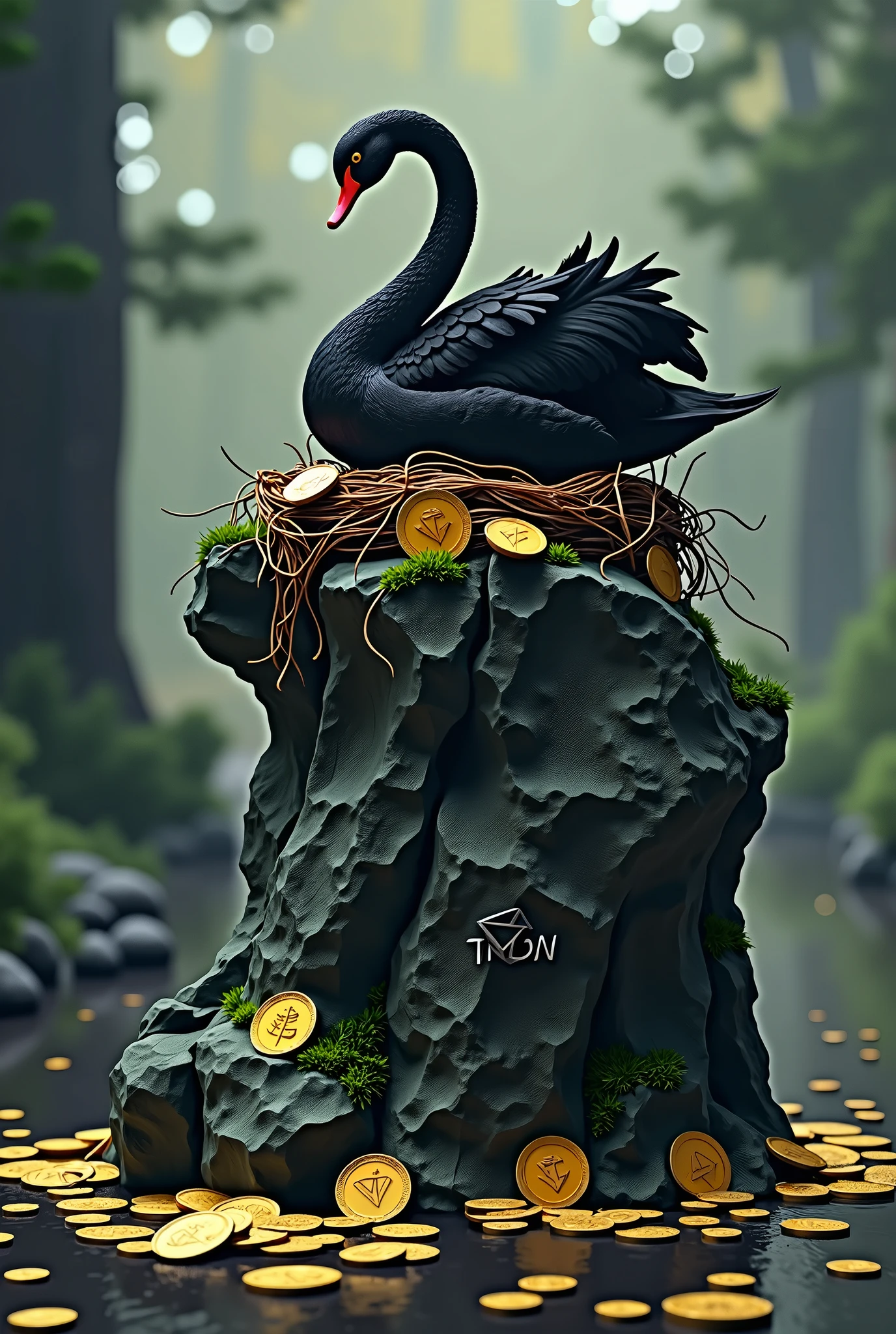Black swan sitting on a big rock engraved with TRX, and DOGE coins as a nest, poisoned bananas