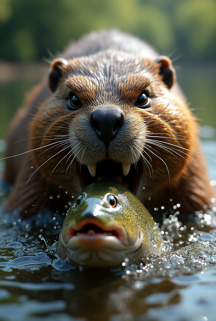 Angry beaver, in the mouth bite fish