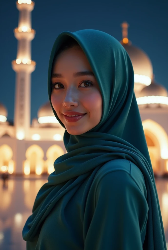 ((((8K))),((Extremely detailed CG)) ,(wallpaper),16K,((Extremely exquisite and beautiful)),(((masterpiece))),(((Best quality))),(((Ultra-high resolution))),Beautiful light,Perfect Lightning,Realistic shadows,Rembrandt Lighting,(Bright Light:1.3),(Neon lights:1.2),Movie atmosphere,(Smooth and flawless fair skin:1.5),(Pale skin:1.3),Extremely delicate facial details,(Perfect body:1.1),Extremely detailed,(Beautiful Malay Muslim:1.2),(Small head:1.2),(Small face:1.2),Exquisite makeup,(Slim,Thin),(Happy:1.2),(Smile:1.2),(Long legs:1.2),(bud:1.5),(High heel:1.1),outdoor,(Night view:1.5),(permanent:1.3),,(In front of the majestic mosque:1.5),(Detailed background:1.5),(Close-up of face:1.3),(From the front:1.3),Cleavage,Hijab,Chest
